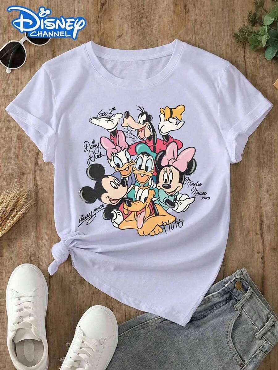 Lady's T-Shirt, Featuring Cartoon Group Portrait Of Classic Disney Characters Including Mickey Mouse, Minnie Mouse, Donald Duck, Daisy Duck, Goofy And Pluto, With Their Signatures. The Fabric Is Soft, Comfortable And Durable. This Is A Summer & Autumn Women's Round-Neck T-Shirt, Perfect For Theme Park Trips And Casual Daily Wear. - trắng - Xem 1