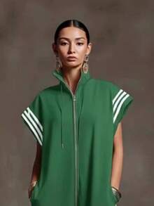 Striped Jumpsuit With High Neck And Zipper, Color-Blocked Design - Green - View 2