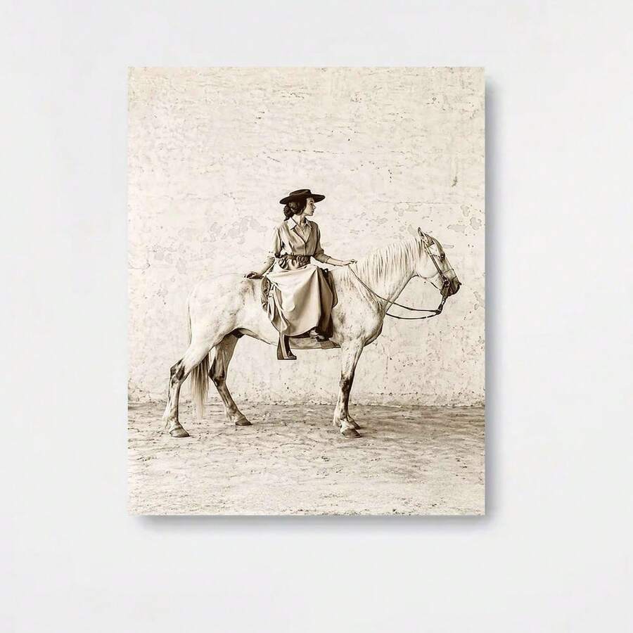 Cuadro 2D Plano, 2D Plano, 2D Plano 1 pieza Mujer a Caballo con Marco de Madera Maciza, Decoración de Pared Sin Instalación, Estilo Vintage Country Western Minimalista para el Hogar, Elegante Regalo Rústico para Dormitorio, Sala de Estar, Oficina, Inauguración de la Casa - Enmarcado - Ver 1