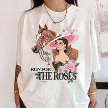 Run For The Roses Kentucky Derby T-Shirt, Vintage Derby Day T-Shirt, Horse Racing Party Outfit, Ladies Derby Hat Top, Y2K Graphic Print Short Sleeve T-Shirt For Women, Casual Streetwear Tops, Summer Short Sleeve Tops, Stylish Women's T-Shirts, Comfortable - 白色 - 查看 6