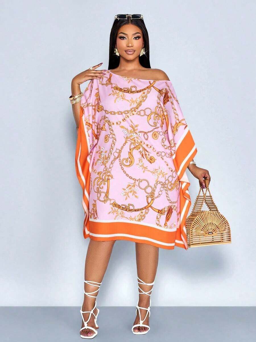 Vestido de mujer de talla para primavera y verano, elegante y para vacaciones casuales, vestido de longitud media con hombros inclinados, hombros asimétricos, pañuelo cuadrado off shoulder, vestido con patrón de rayas en bloque de color negro y blanco, impresión de posicionamiento, impresión tejida, adecuado para uso diario, compras, citas, ropa de amigas, ropa de invitados de boda, ropa de vacaciones, digno y adinerado, vacaciones de lujo tranquilo - Rosa 2 - Ver 1