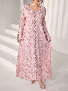 Al Najma Vestido holgado de manga larga con bordado elegante para mujeres - Multicolor - Ver 3