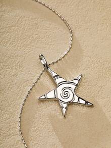 Nocturel 1pc Fashionable Retro Technology Feeling Starfish Pentagram Pendant Silver-Colored Necklace Sweater Chain - Silver - View 4