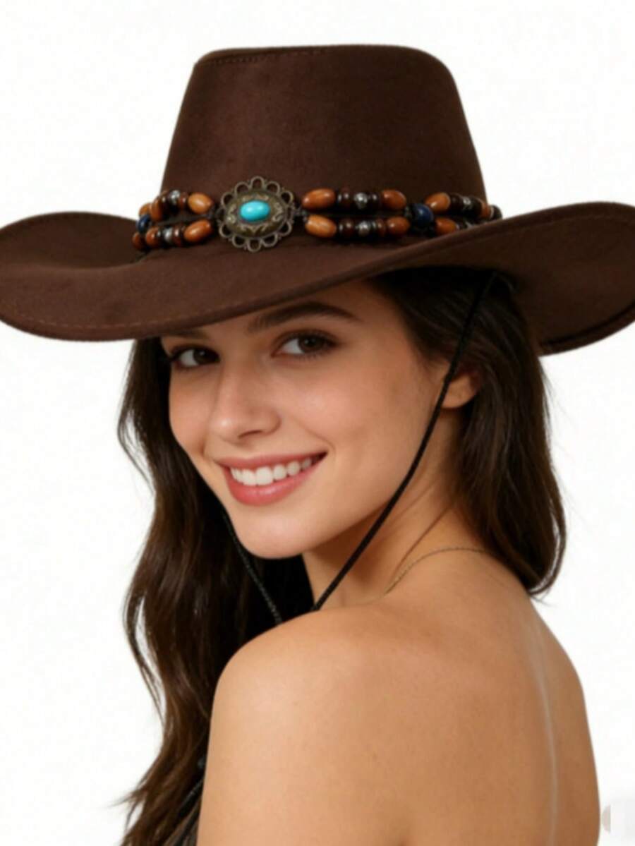 1PC Vintage Western Cowboy Hat, Spring/Summer Sun Protection, Jazz Hat, Wide Brim British Knight Hat For Women - A - View 1