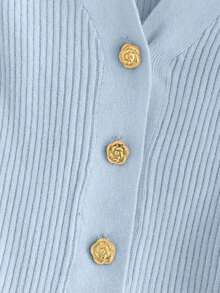 Vestido de punto casual y elegante de uso diario y versátil con cuello en V, hombros rectos y manga corta, talla grande con ajuste ceñido, diseño de botones metálicos color rosa y bajo plisado con forma de paraguas, vestido de manga corta para vacaciones, primavera y verano - Azul - Ver 5