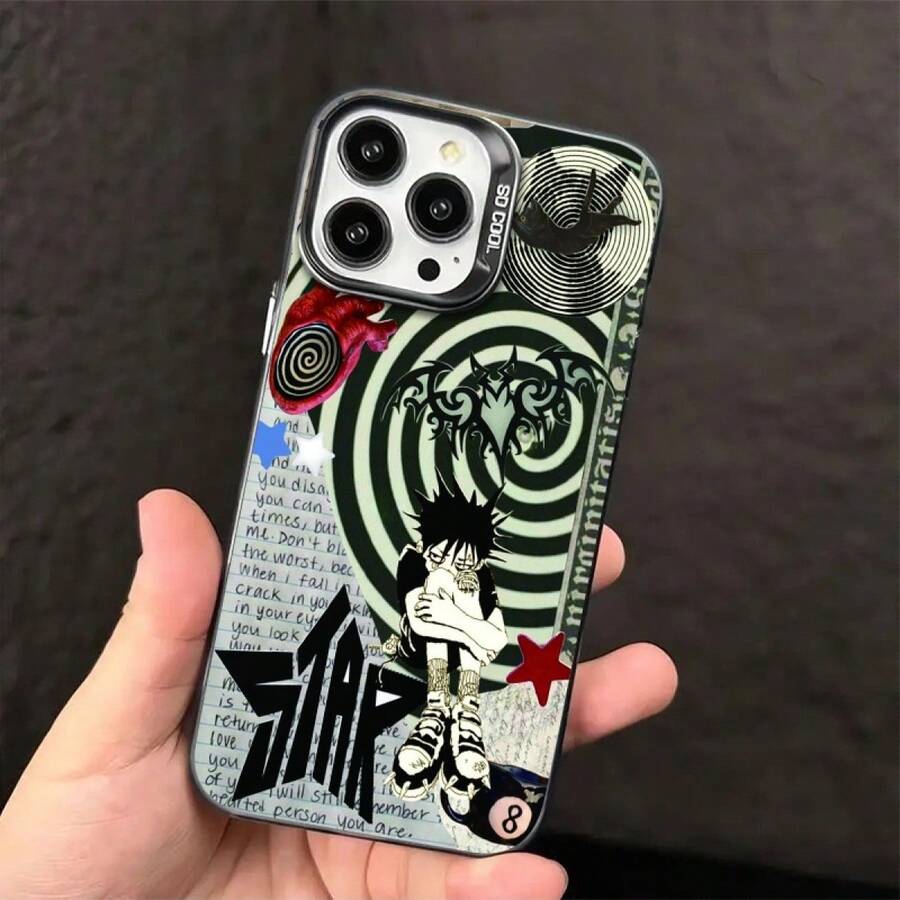 Protective Case For Apple 17PROMAX 16PROMAX 15PROMAX 14PROMAX 13PROMAX 12PROMAX 11PROMAX XSMAX, Printed Design With Stars, Bat, Heart, Number 8 Billiard Ball, Cat And Boy Figure In Kneeling Position Spiral Pattern Handwritten Letters, Full Cover Anti-Shock Precise Fit, Durable Material Daily Protection Of Mobile Phone - Black - View 1