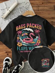 Short-Sleeved T-Shirt, 100% Cotton, With Front And Back Prints - Packed Luggage, Pink Flamingo - Fashionable Printed T-Shirt For Women, Your Best Choice! Suitable For All Seasons: Wear It As A Base Layer In Spring And Autumn, Or On Its Own In Summer. Neutral Style, Urban Style, Fashionable High-Quality Cotton T-Shirt. - 黑色 - 查看 12