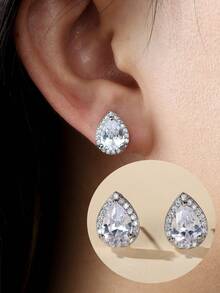 1 Pair Teardrop Zirconia Stud Earrings, Luxury High-End Unique Design, Suitable For Wedding, Banquet, Gift For Girlfriend - Earrings - View 4