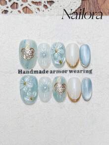 10pcs Handmade Nails Oval Nails Homemade Press On Nails Acrylic Short Mint Green Blue Nails, Cateye Gold Foil Glitter 3D Floral Cherry Blossom Lines,Summer Nails DIY False Nail Art Party Daily Dating Vacation Outfits Women Girls Gift Nail Supplies - Multicolor - View 9