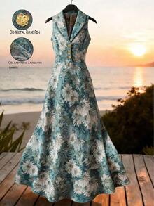 Nuevo vestido maxi de primavera/verano para mujer de "algodón suave con rayas azules rastreables", con un elegante estilo retro francés, cintura ceñida y vuelo, decorado con flores de rosa 3D, vestido camisero floral con botones, vestido largo sin mangas, vestido maxi elegante de verano, vestido de gala con estampado de rayas azules, vestido de fiesta formal - Azul - Ver 3