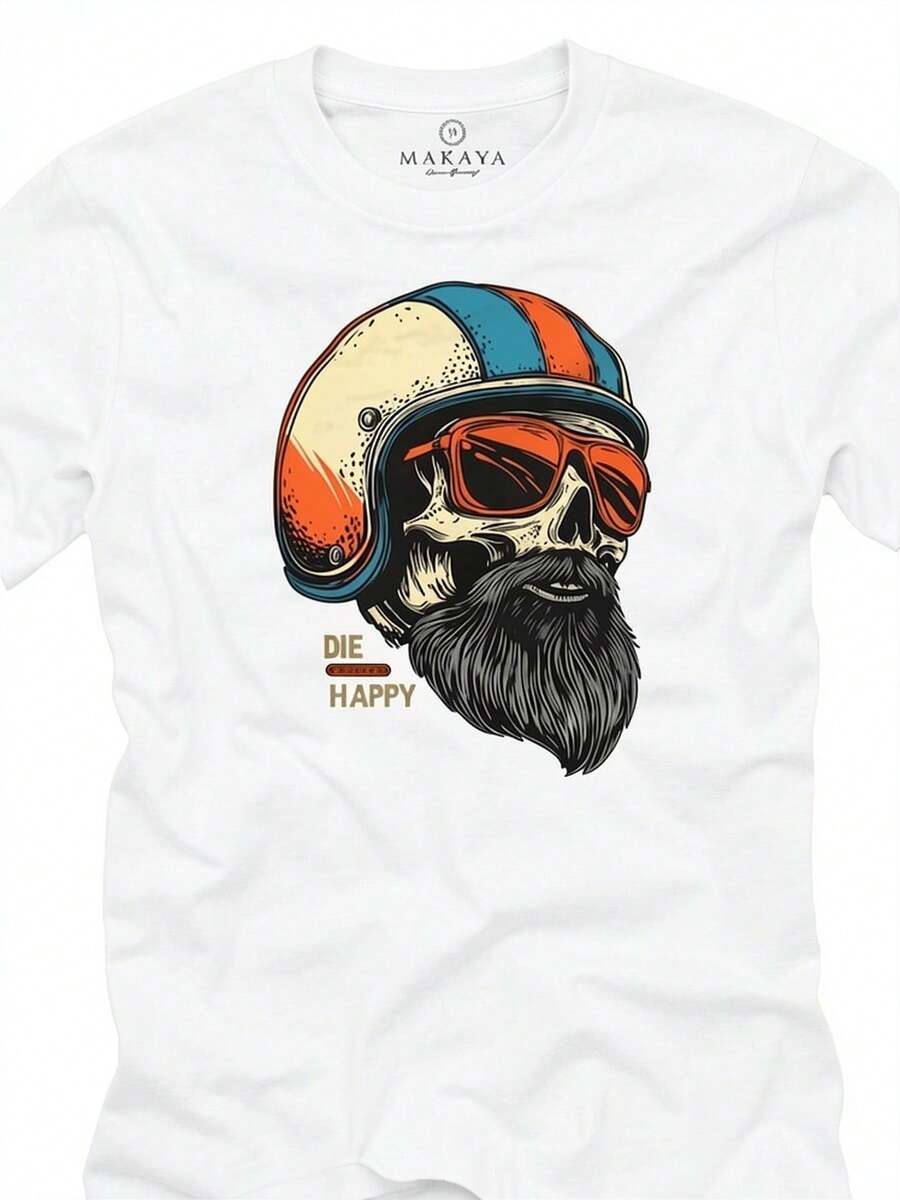Camiseta masculina estilo motociclista com estampa de caveira, capacete e barba | Motivo divertido e descontraído para motociclistas, gola redonda casual, tecido levemente elástico, modelagem regular, perfeita para todas as estações, folgada e confortável. - Branco - Ver 1