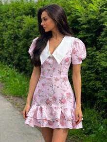 Spring/Summer Casual Style Dress With Collar, Front Buttons, Tie Back And Tie-Dye Print, For Everyday Wear, Western Style, Bohemian, Music Festivals, Vacation, Fairycore Style, Elegant For Women - Dark Gold - 查看 7