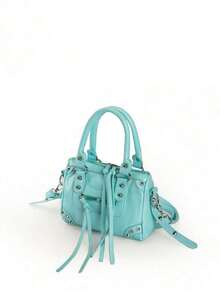 1pc Vintage Distressed Black Patchwork Rivet Studded Metal Tassel Zipper Decor Retro PU Material Belt Decor Rivet Studded Dual Top Handle Adjustable Shoulder Strap Zipper Closure Fashion Retro Sweet Chic Motorcycle Bag Y2K Punk Style Square Handbag For Women, Casual Low-Key Luxury Style Women Crossbody Bag Fits Phone, Card Holder, Suitable For Daily, Travel, Shopping , Punk - 淺藍色 - 查看 7