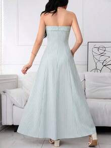 xheHeiryn Vestido casual sin tirantes de mujer con rayas y cintura ajustada, para el veranoxhe - Verde - Ver 3