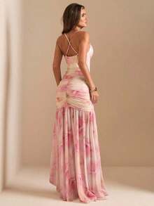 xheSHEIN  Vestido transparente con cuello profundamente drapeado, abertura alta y estampado floral sólido verde y rosa, vestido de playa, vestido sexy y elegante para primavera y veranoxhe - Rosa - Ver 2