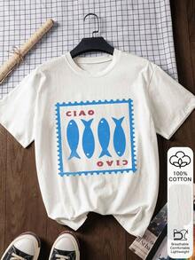 Graphic Tee, Soft Fabric, Cotton Clothing, Outdoor Top, Printed Print, Women's Summer T-Shirt, Summer Blouse, Vacation Outfit, Travel Style, Beach Vibe, Minimalist Resort Wear - 白色 2 - 查看 1