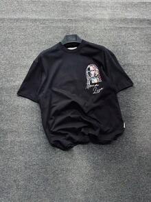 Fractyr Camiseta oversize con estampado de la Mona Lisa dividida en el frente y la espalda, de tacto suave, negra lavada, de estilo urbano, con gráfico de estética de graffiti - Negro - Ver 6