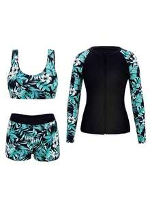 Swim Lushoire Nuevo conjunto de 3 piezas para verano de traje de baño para mujer con protección UV de manga larga, con estampado de plantas tropicales, tankini modesto y shorts.Traje de buceo popular en Europa y América para deporte y vacaciones - Multicolor - Ver 6