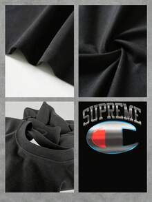 Champion's Iconic Logo Merges With Streetwear Branding, Creating A Bold Statement Of Urban Style And Athletic Performance. The Large, Bold " Symbol Of Excellence And Quality, Is Encased In A Shimmering Silver Outline With Blue And Red Flashes, Evoking Energy And Dynamism. The Wordmark In Curved Metallic Lettering Adds A Touch Of Luxury And Exclusivity, Representing The Pinnacle Of High-End Fashion. This T-Shirt Embodies The Fusion Of Athletic Heritage And Cutting-Edge Streetwear. A Comfortable And Durable Women's T-Shirt, Perfect For Everyday Wear Or For Making A Statement On Any Occasion. - 黑色 - 查看 4