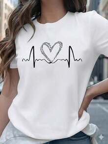 One-Piece Set, Unisex Casual Style. | Women's T-Shirt With Leopard Print And Heartbeat Design, Featuring An Aesthetic ECG Line Design, Versatile And Easy To Match, Suitable For Everyday Wear, Urban Looks, Vacation Outfits, And Casual Weekend Wear. - 白色的 - 查看 6