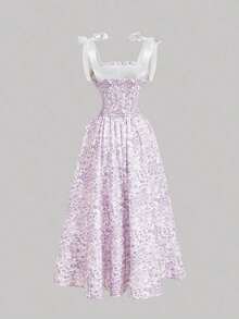 MOD Vestido largo con estampado floral y tirantes con lazo para mujer, ideal para primavera, graduación, vestidos modestos para mujer, vestidos para vacaciones de primavera - Lila Púrpura - Ver 2