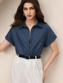 Camisa casual de mujer de unicolor con bordado, estilo retro de los 90, patrón de bordado de caballo, puños vueltos, atuendo básico diario, camisa casual de primavera/verano, adecuada para vacaciones de mujer, ocio de verano, brunch en la playa, salidas, citas, viajes al trabajo, negocios, ocasiones sociales - Azul - Ver 4