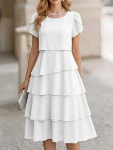 Vestido de mujer de unicolor con cuello redondo, manga corta con volantes en los puños y dobladillo con volantes, vestido de moda para vacaciones, primavera y verano - Blanco - Ver 1