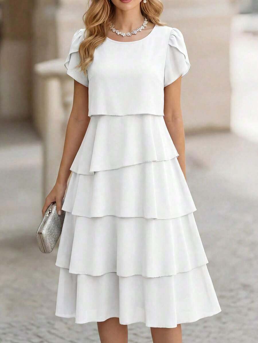 Vestido de mujer de unicolor con cuello redondo, manga corta con volantes en los puños y dobladillo con volantes, vestido de moda para vacaciones, primavera y verano - Blanco - Ver 1