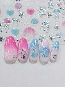 1 Sheet 5D Mermaidcore Nail Art Stickers Ocean Seashell Starfish Jellyfish Heart Relief Embossed Nail Decals For Summer DIY Manicure Decor - Multicolor - View 2