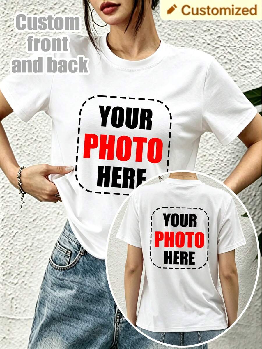 T-shirt de manga curta de verão personalizada para mulher, personalizável com o seu próprio texto, números, imagens de texto, fotos de família, selfies e logótipo, branca - Branco - Ver 1