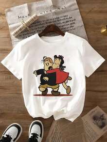 Women's Y2K Style Elegant Cartoon Print T-Shirt, Short Sleeve, Round Neck, Casual Top, Suitable For All Seasons | Fashionable Casual Clothing | Fashionable Letter Print Loose Blouse - 白色 - 查看 3