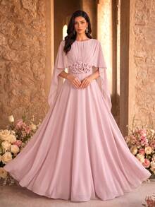 SUPGIR Đầm dạ hội nữ màu hồng bồng bềnh, cổ tròn, hở lưng, tay bồng, thêu hoa 3D thủ công, thích hợp cho đám cưới, tiệc tùng, dạ tiệc mùa xuân thanh lịch. - Hồng - Xem 4