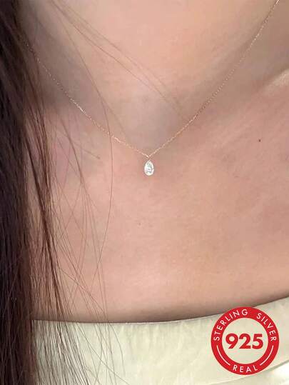 1 pieza Collar con colgante de lágrima de circonita de plata de ley 925, cadena larga en forma de Y con borla geométrica, minimalista y elegante, adecuado para uso diario de mujeres o como regalo