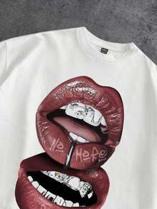 Playeras de hombre  Camiseta de manga corta con estampado de labios, dientes y diamante de imitación en color blanco, con efecto desgastado y rojo, adecuada para primavera/verano, regalo divertido para novio/uno mismo ZCUW - Blanco - Ver 3
