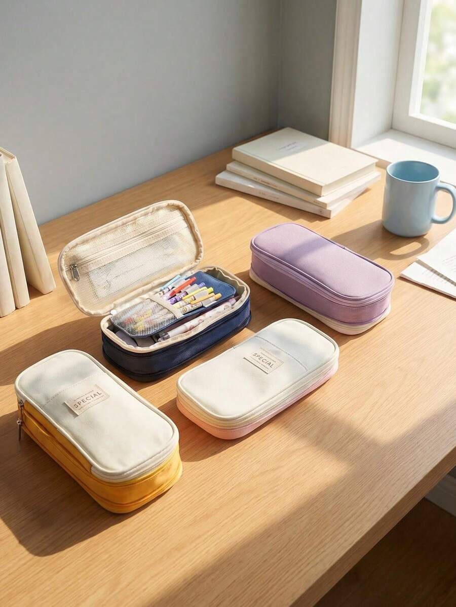 1 pieza Estuche de lápices de lienzo de unicolor minimalista, bolsa de papelería con cremallera de gran capacidad y multifuncional, organizador de escritorio para estudiantes, bolsa de maquillaje duradera para bolígrafos, lápices, reglas y talla grande - multicolor - Ver 1
