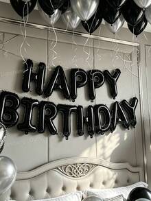 Kit de arco de globos negro y plateado de 11/60/65 piezas con 500 pétalos de rosa blanca, letras de lámina Happy Birthday de 16", globo de lámina en forma de corazón de 18", globos de látex de 10" para fiesta de cumpleaños, aniversario, decoración romántica, sorpresa de hotel y fondo de fotomatón - Negro y plata - Ver 11