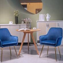 Dining Chair Set Of 2 – Modern Fabric Chair With Armrests And Gold-Plated Metal Legs. Luxurious Dining Room Furniture For Living Room, Kitchen & Reception Room - 藍色 - 查看 4