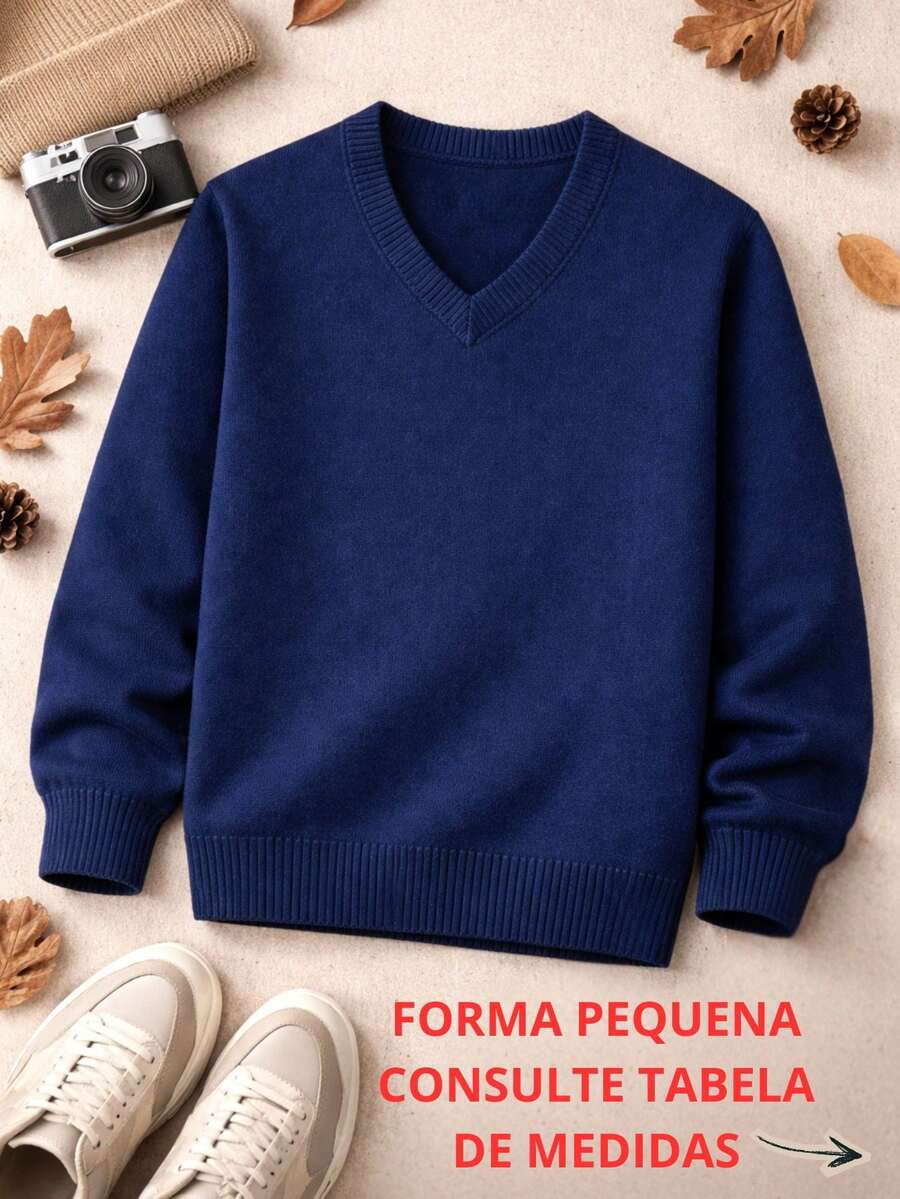 Boys' Junior Sweater, V-Neck Knit Sweater – Basic And Comfortable, Autumn/Winter 2026. - 藏蓝色 - 查看 1