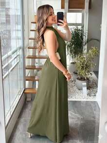 Women's Long Dress Duna Tank Top Backless High Neck Elegant Casual Summer - 軍綠色 - 查看 2