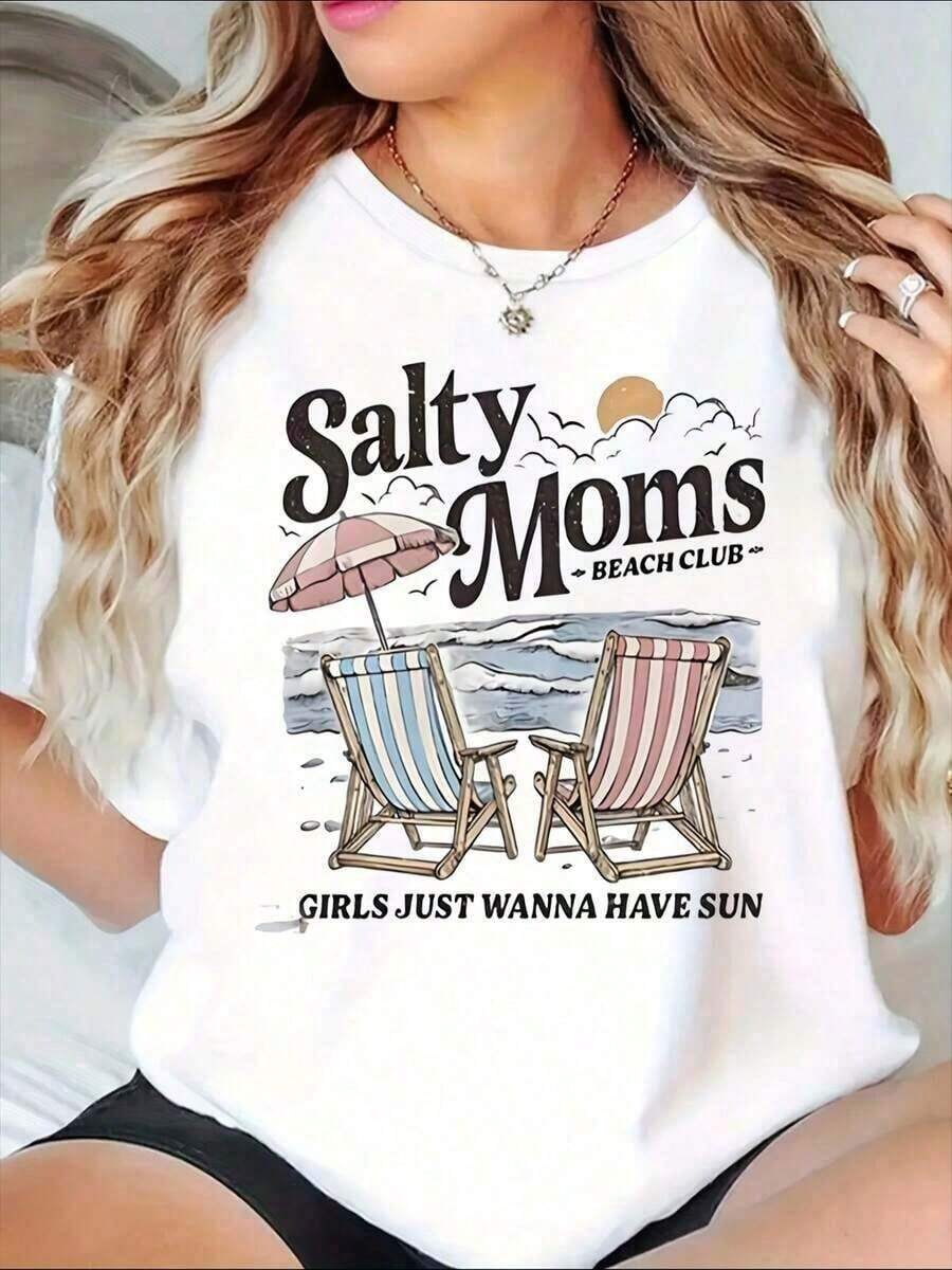 Mujermother GiftsSalty Moms Beach Club Girls Just Wanna Have Sun Summer Beach Vacation Graphic Tee Women, 220ggoing Out Outfits Clothes Women, Ropa De Mujer - 白色 - 查看 1
