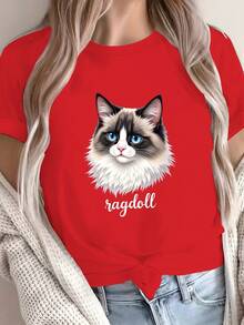 Comfortable Solid Color T-Shirt For Women With A Soft Plush Cat Design. - Red - View 7