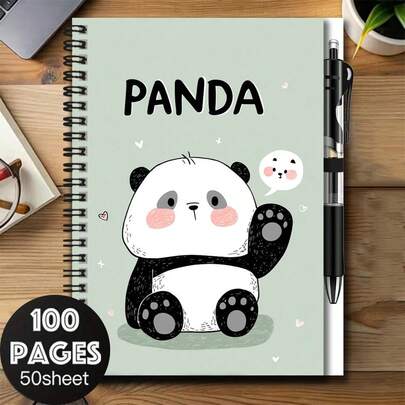 1 Set Cute Cartoon Panda Spiral Notebook Set, Includes Pen, 100 Pages (50 Sheets). Beautifully Designed, Adorable Pattern. Helpful For Work, Study, Diary, Daily Planning, Notes. Ideal Gift For Birthday, Graduation, Adds Fun And Convenience To Life!