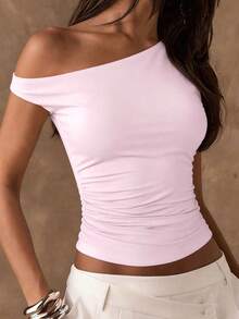 American Spice Girl Style One-Shoulder Folding Top Sexy Off-Shoulder Pure Desire Fashion T-Shirt, Sexy Simple Fashion Dating Party Music Festival Everyday Joker Solid Color Y2K - 粉紅色斜肩上衣 - 查看 1