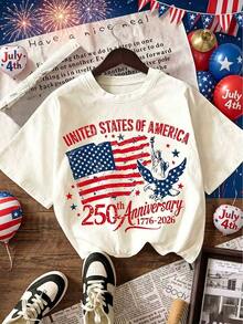 Retro American Flag Graphic T-Shirt For The 250th Anniversary, Women's Short Sleeve Crew Neck Casual T-Shirt For Independence Day, 4th Of July Summer Clothing - 淺杏色 - 查看 2