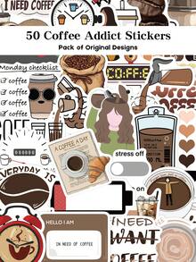 YWWBLD 50 piezas Pegatinas de amante del café, pegatinas decorativas de café para portátil, maleta, scrapbook, decoración DIY - Adicto al café - Ver 1