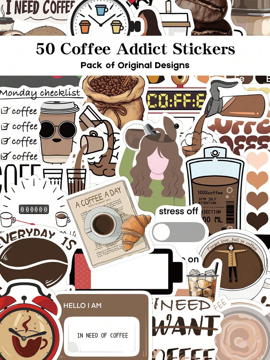 YWWBLD 50 piezas Pegatinas de amante del café, pegatinas decorativas de café para portátil, maleta, scrapbook, decoración DIY - Adicto al café - Ver 1