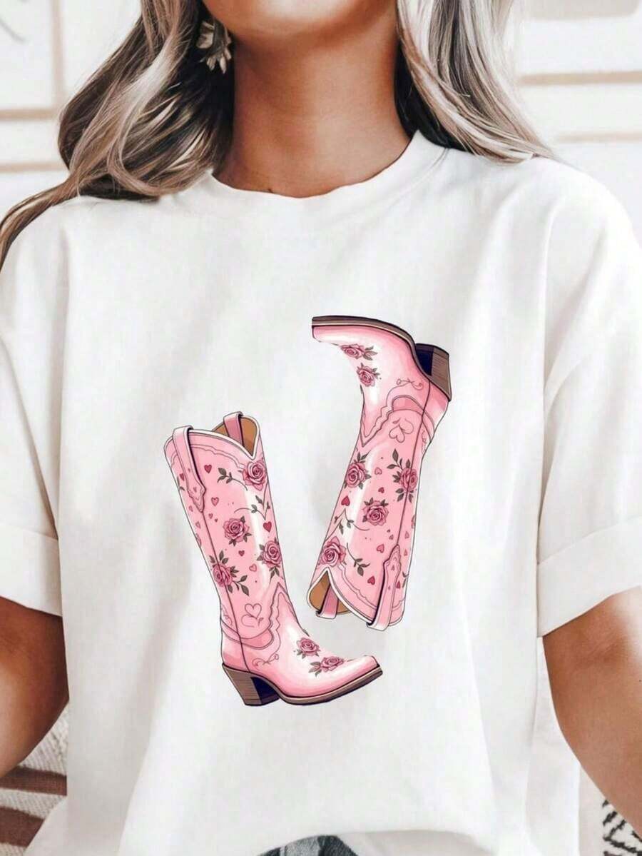 1 Oversized T-Shirt With A Large Print, White T-Shirt With A "Rockin' Around The Christmas Tree" Design, Country-Style Christmas T-Shirt, Retro Western Christmas T-Shirt, Cowboy-Style Family T-Shirt, Comfortable, Crew Neck, Versatile, Perfect For Outdoor Activities. Cotton T-Shirt. - 白色5 - 查看 1
