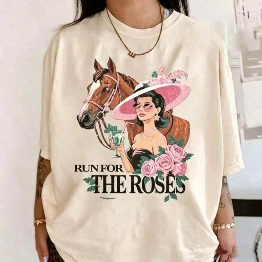 Run For The Roses Kentucky Derby T-Shirt, Vintage Derby Day T-Shirt, Horse Racing Party Outfit, Ladies Derby Hat Top, Y2K Graphic Print Short Sleeve T-Shirt For Women, Casual Streetwear Tops, Summer Short Sleeve Tops, Stylish Women's T-Shirts, Comfortable - 杏色 - 查看 1