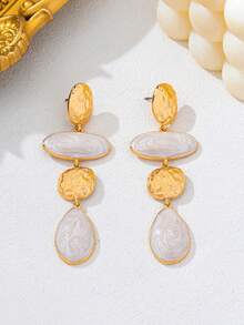 1 Pair Fashionable Elegant Geometric Hammered Textured Round & Oval Enamel Teardrop Contrast Color Long Earrings, Suitable For Women's Daily, Commute, Party, Date, Afternoon Tea, Banquet And Other Occasions - Golden/white - View 7