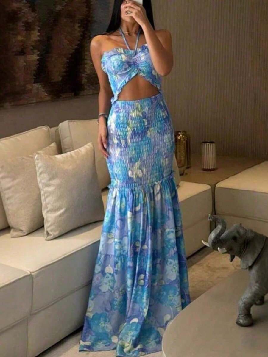 Vestido De La Mujer - Primavera/verano Nuevo Estilo, Collar-printed Pliated Vestido, INS Casual Y Suelta Vestido De Verano Para Las Vacaciones - Celeste - Ver 1